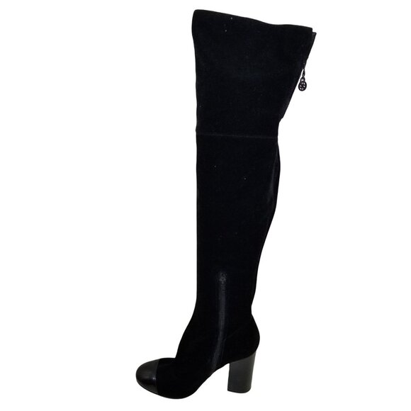 Guess 7.5 Black Velvet Thigh High Heeled Boots LOLO Patent Leather Cap Toe - Picture 10 of 10